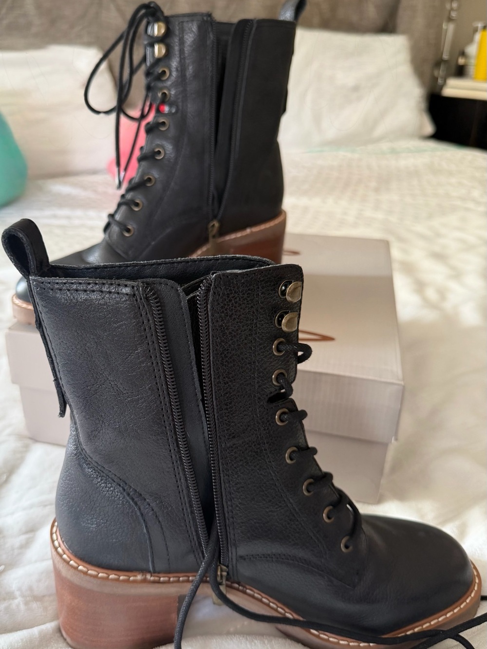 Crown Vintage Black Lace-Up Leather Boots with Brown Heel